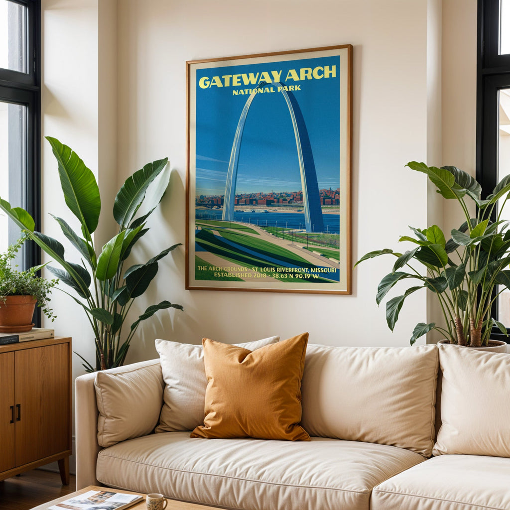 Gateway Arch vintage travel print in oak above a cream sofa with a rust cushion and tall houseplants