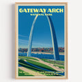 Gateway Arch St. Louis vintage poster in a light oak frame on a plain white wall