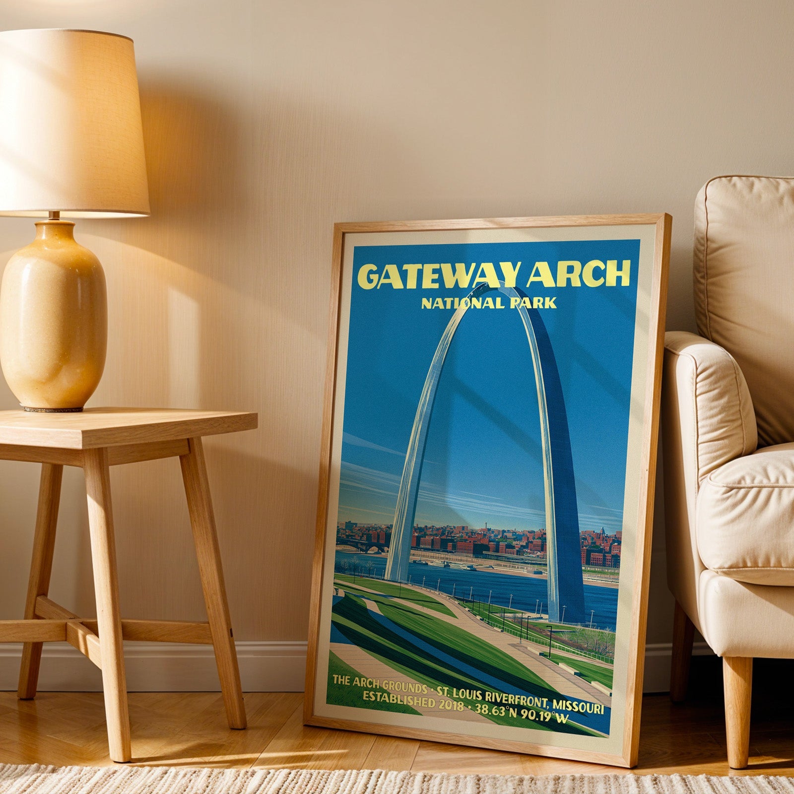 Gateway Arch St. Louis wall art in oak, leaning by an armchair and a side table with an ochre ceramic lamp