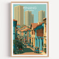 Georgetown Penang Malaysia travel poster in a natural wood frame, shown against a clean white wall