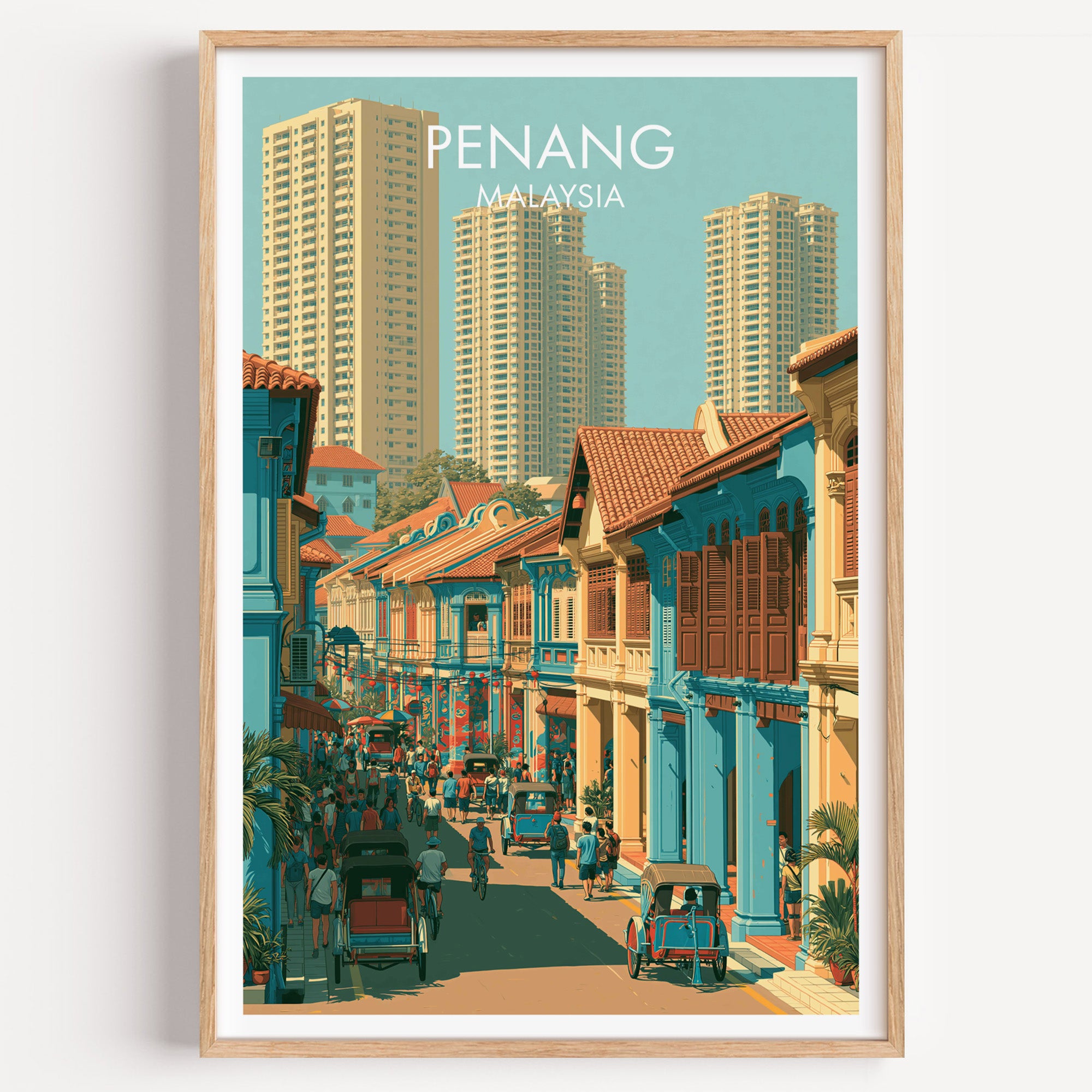 Georgetown Penang Malaysia travel poster in a natural wood frame, shown against a clean white wall