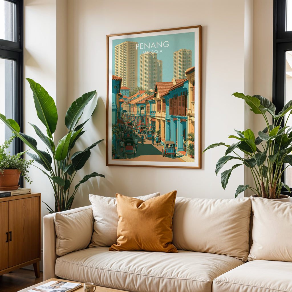 Framed Georgetown Penang Malaysia wall art hanging above a cream sofa in a bright living room with tropical plants