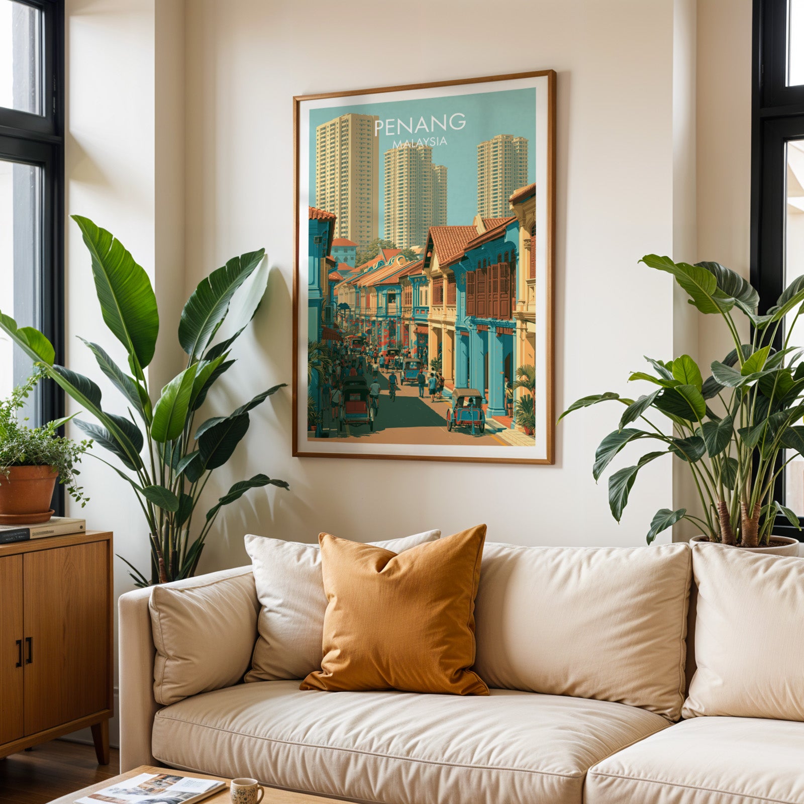 Framed Georgetown Penang Malaysia wall art hanging above a cream sofa in a bright living room with tropical plants