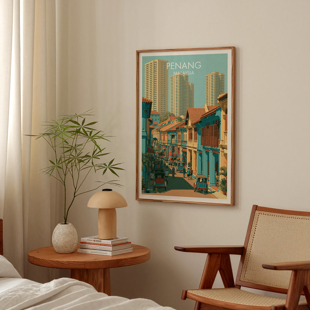 Georgetown Penang Malaysia poster above a bedroom nightstand with a bamboo plant and mushroom lamp