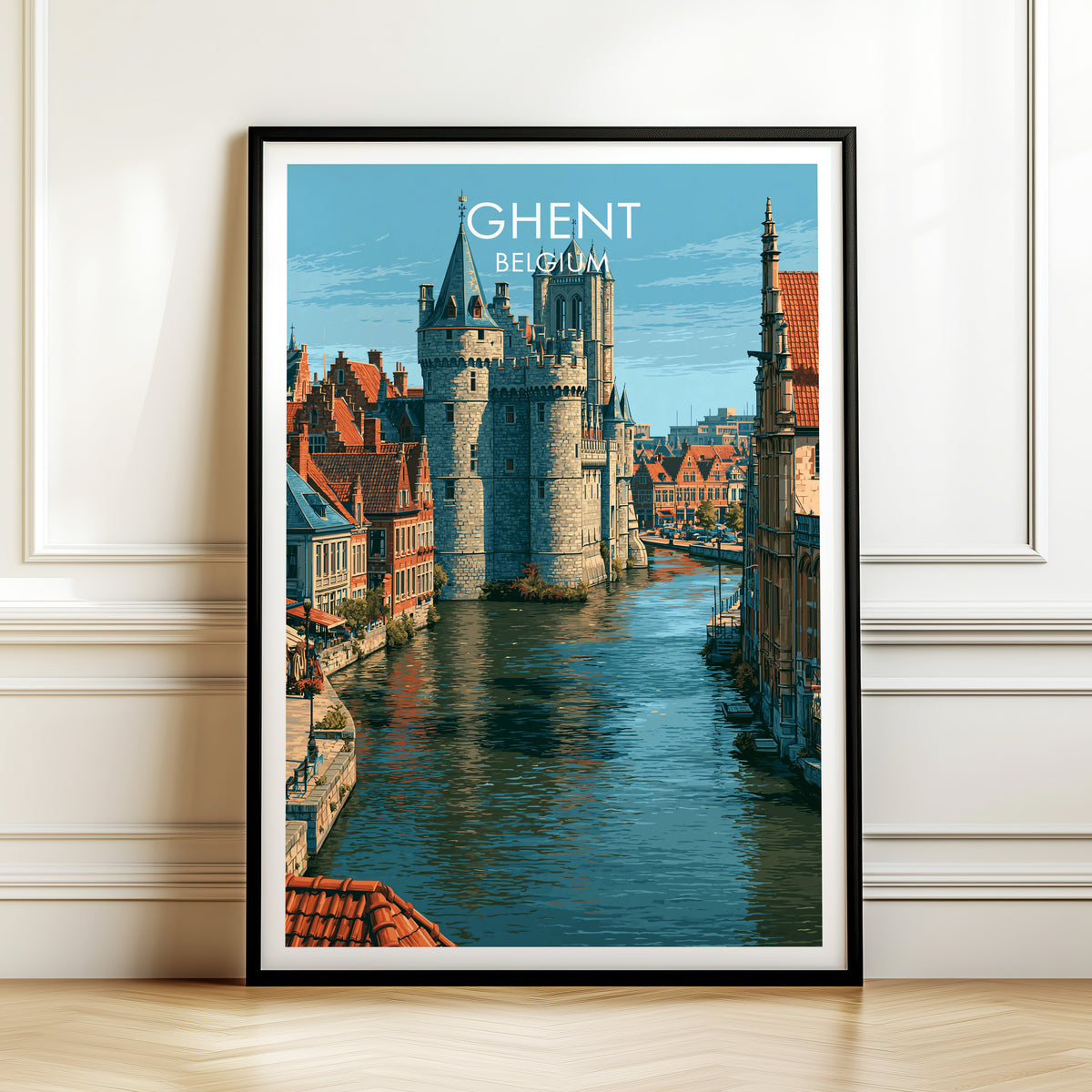 Gravensteen Ghent print, black frame leaning on a white panelled wall above a herringbone floor