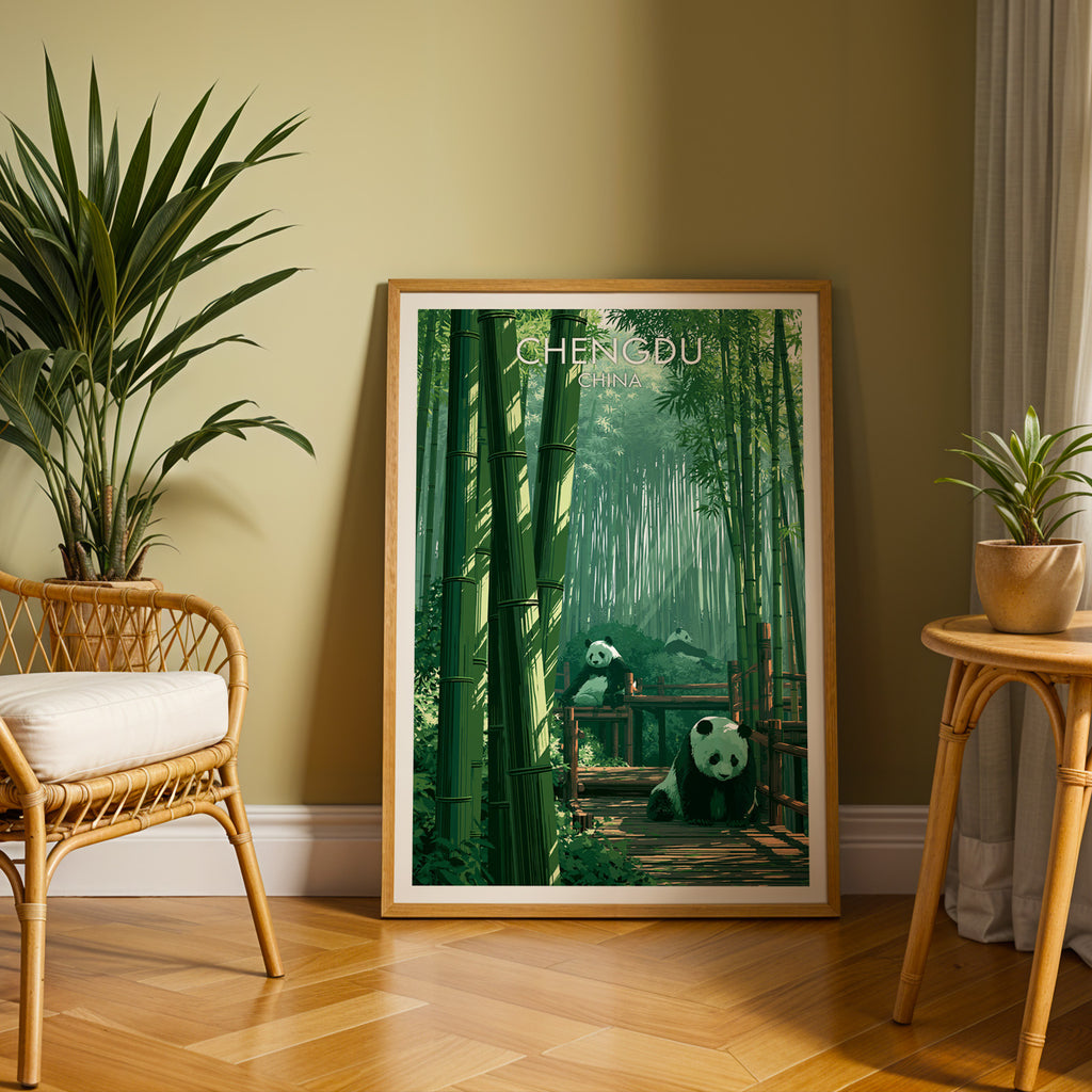 Large Giant Pandas Chengdu China travel print in an oak frame leaning on a herringbone floor next to a rattan chair