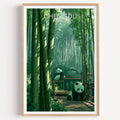Giant Pandas Chengdu China travel poster in a natural wood frame, shown against a clean white wall