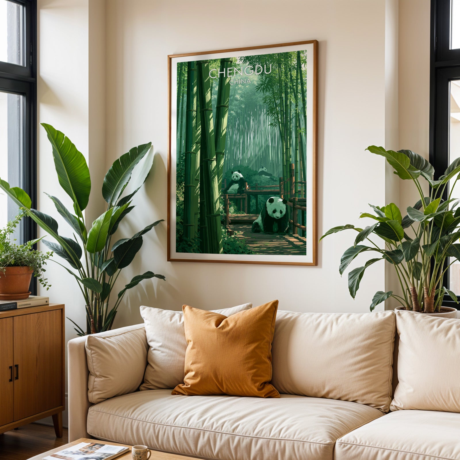 Framed Giant Pandas Chengdu China wall art hanging above a cream sofa in a bright living room with tropical plants