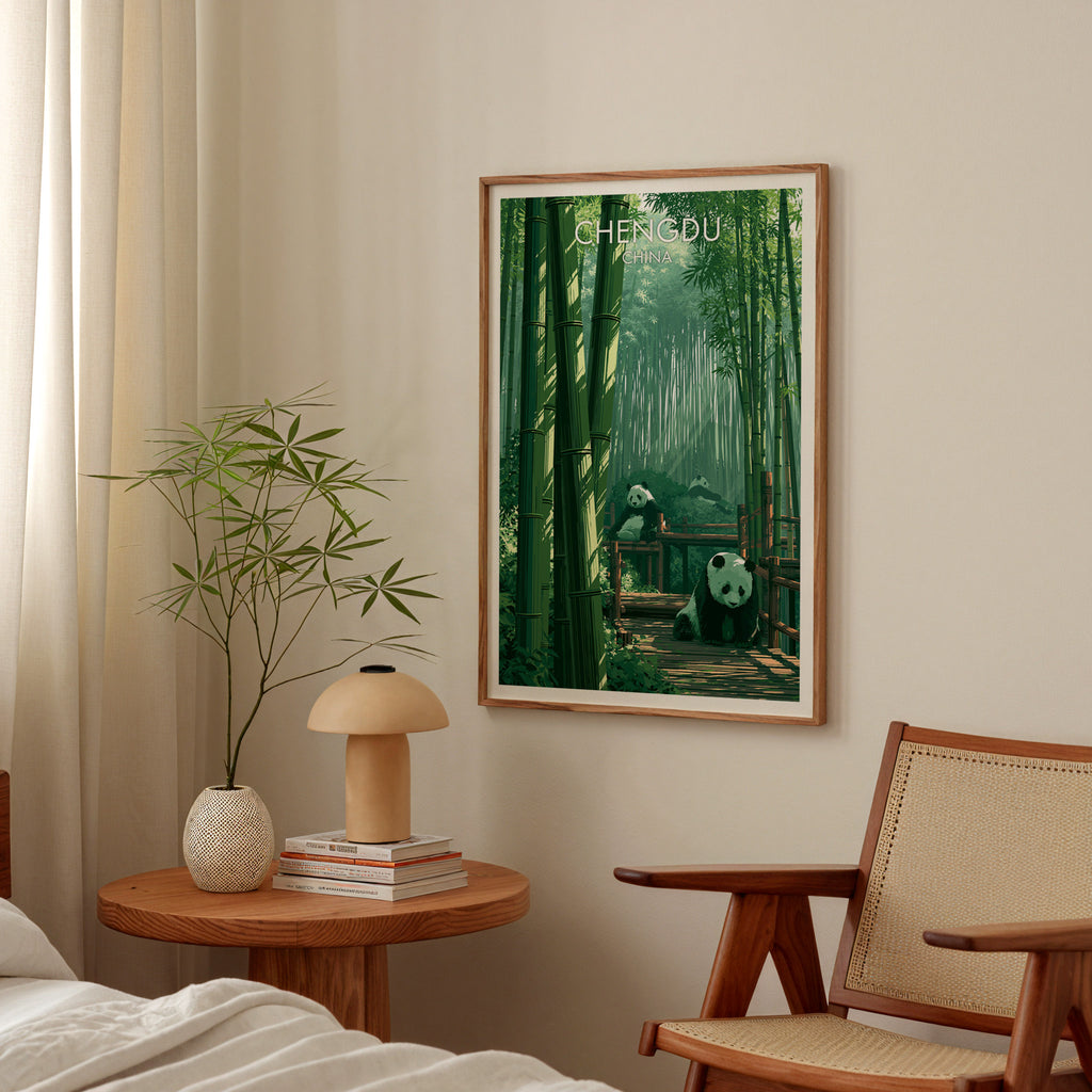 Giant Pandas Chengdu China poster above a bedroom nightstand with a bamboo plant and mushroom lamp