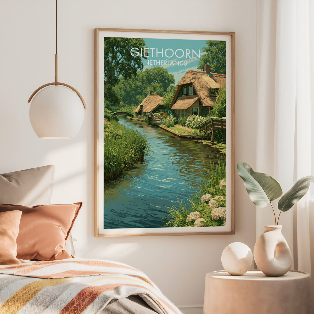 Dutch village wall art, large oak frame above a bed with rust bedding and a brass globe pendant