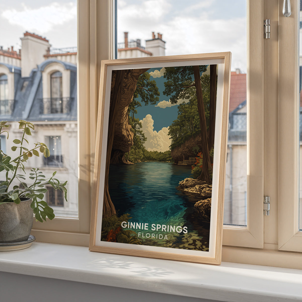 Ginnie Springs canvas print resting on a window ledge above Paris mansard rooftops and a small potted plant