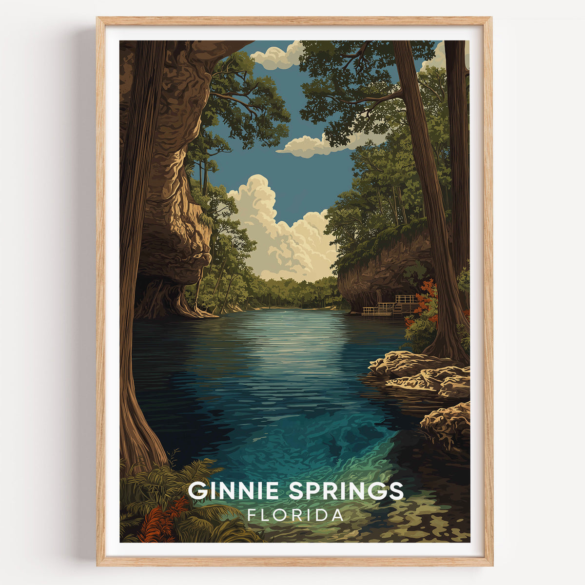 Ginnie Springs Florida travel poster in an oak frame on a bare white wall, shot square on