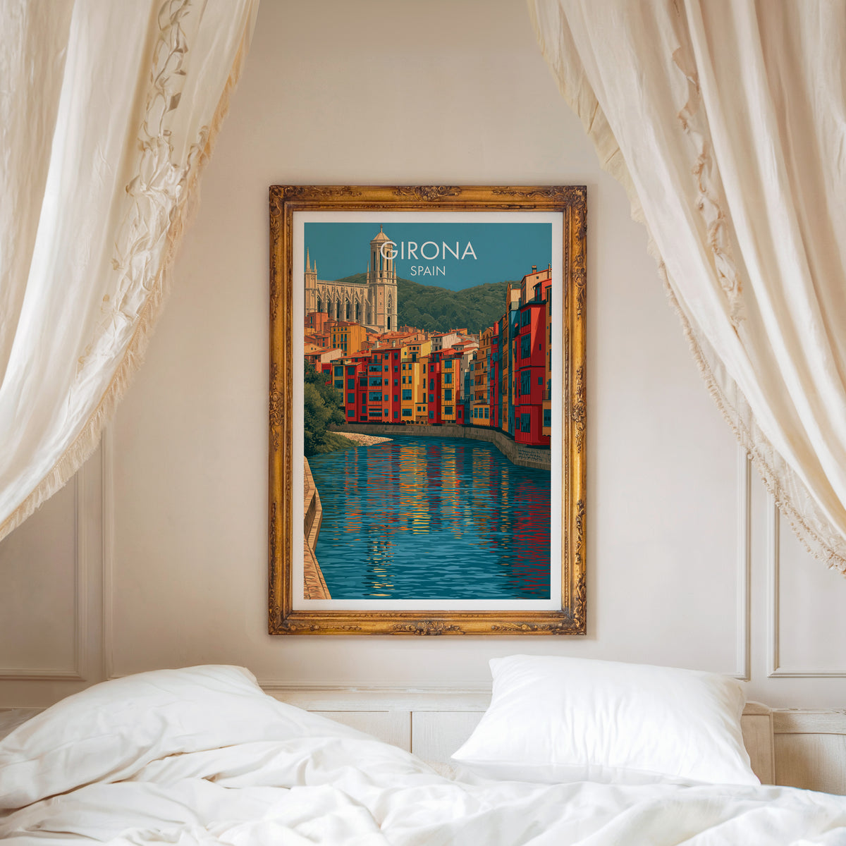 Girona travel poster, ornate gold frame above a white bed with linen canopy curtains