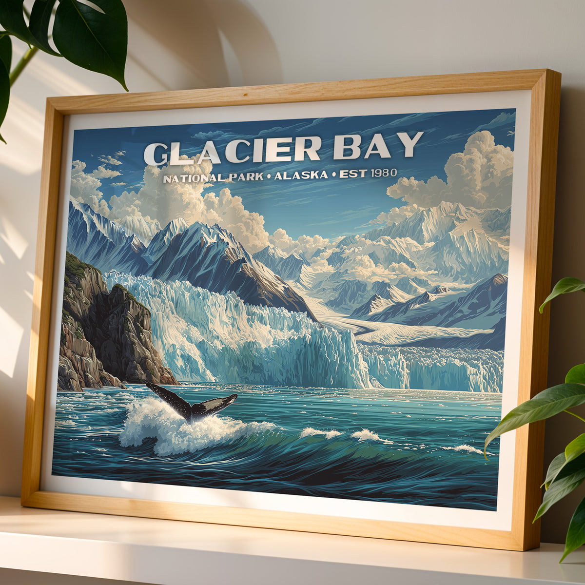 Glacier Bay National Park wall art print in a light oak frame, leaning on a white shelf in warm sunlight beside a monstera plant