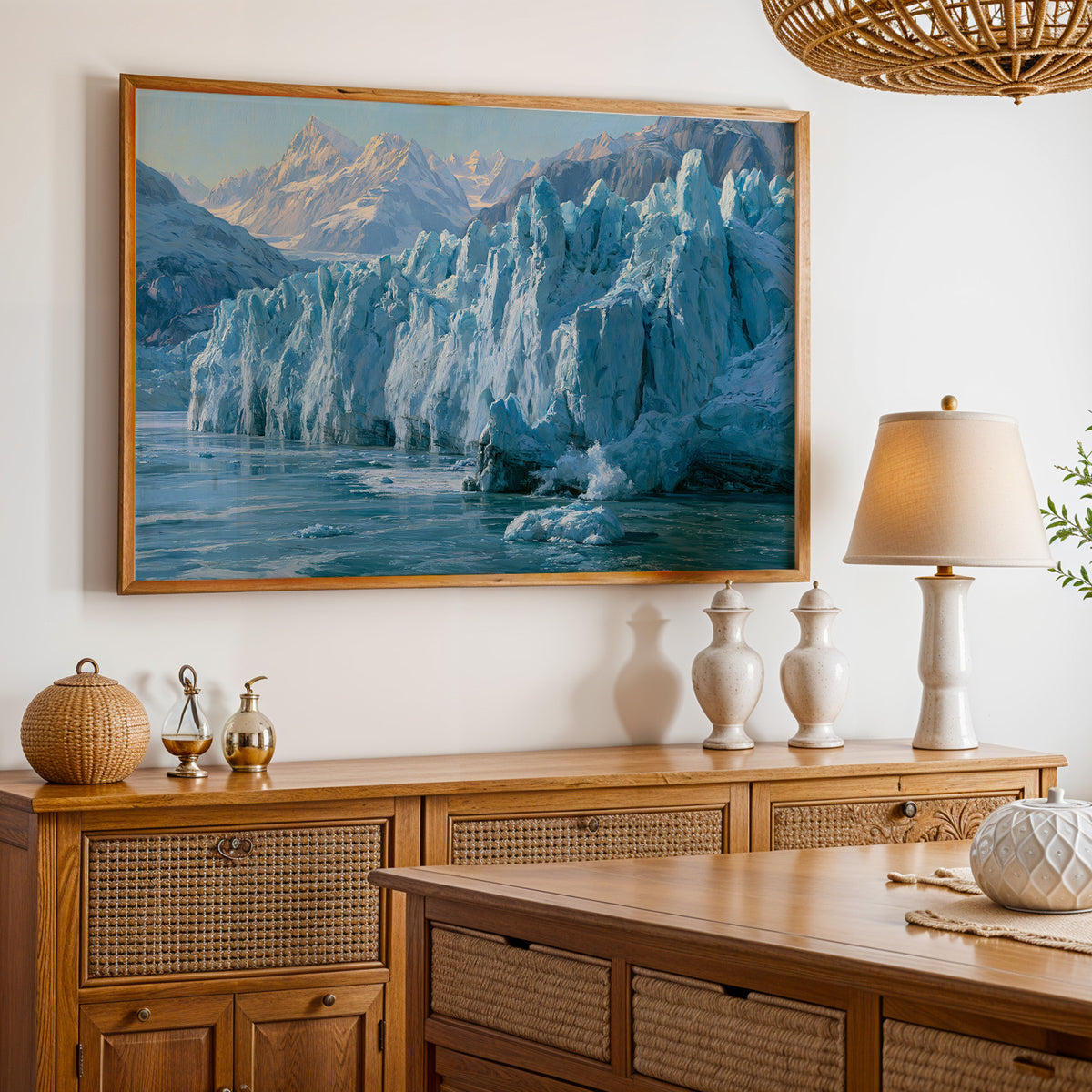 Glacier Bay National Park classical oil painting above an oak and rattan sideboard