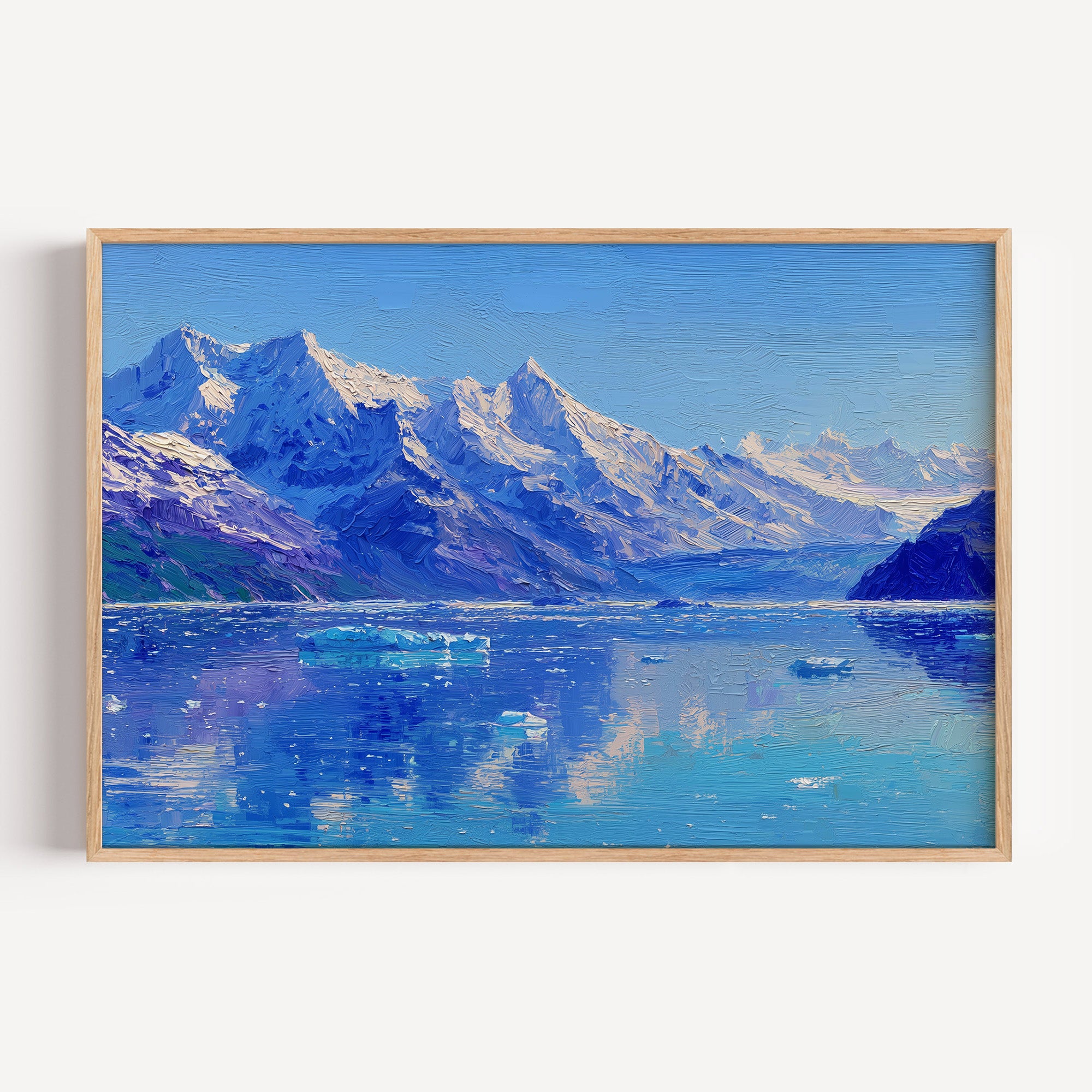 Glacier Bay National Park oil painting print in a light oak frame: icebergs below snowy peaks