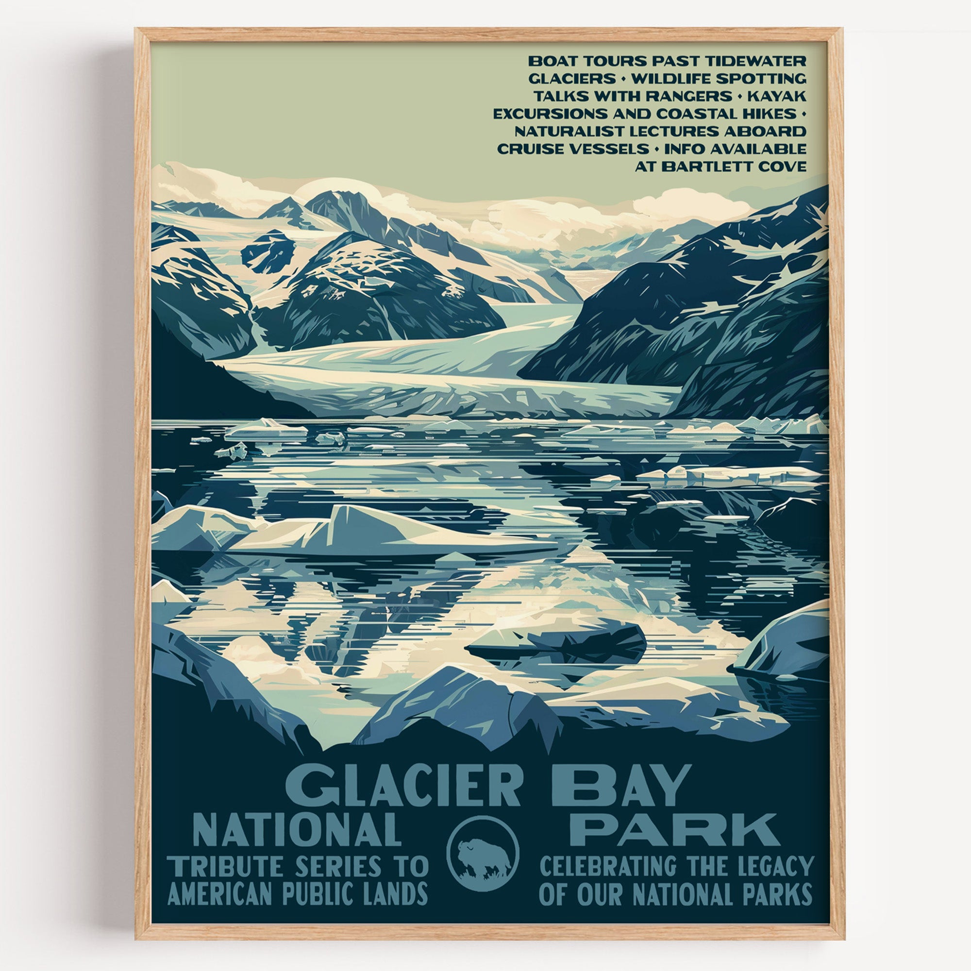 Glacier Bay National Park wall art print in a thin wood frame, tidewater glaciers and drifting icebergs below snowy peaks
