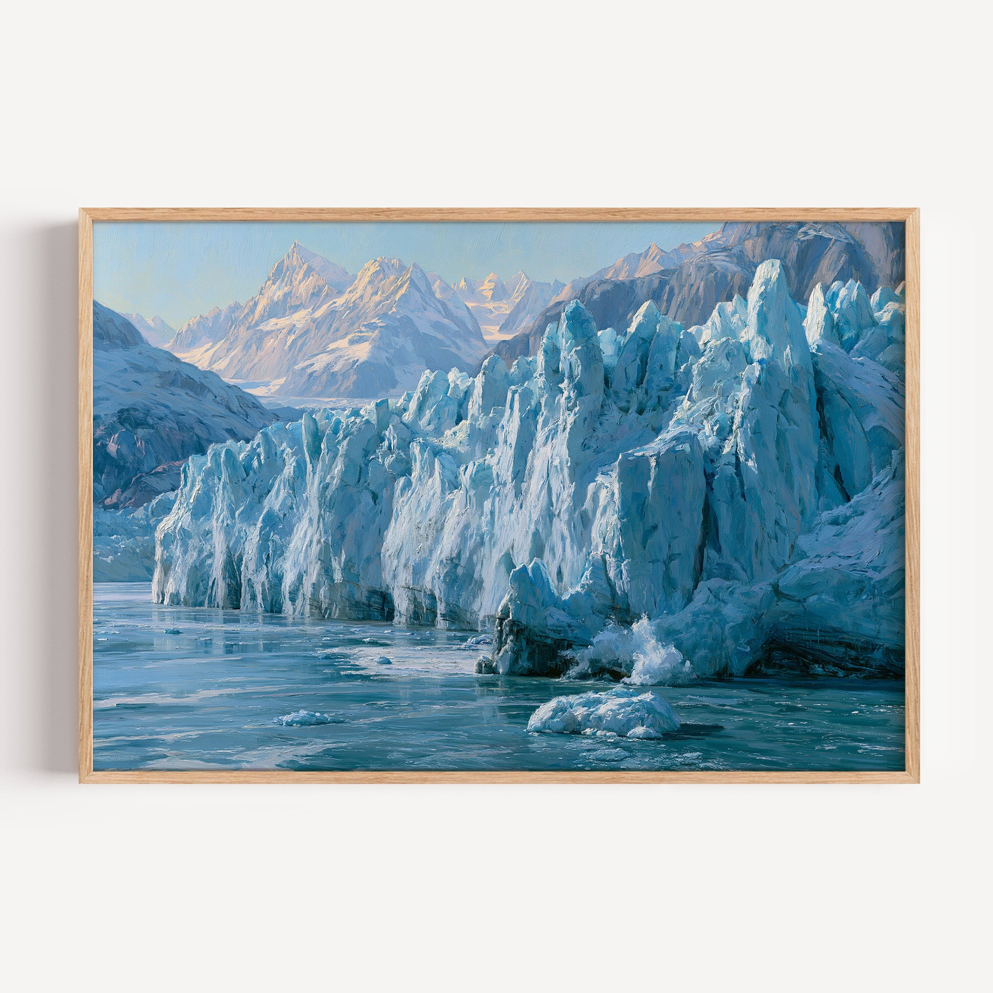Glacier Bay classical oil painting print in an oak frame: the blue face of a tidewater glacier
