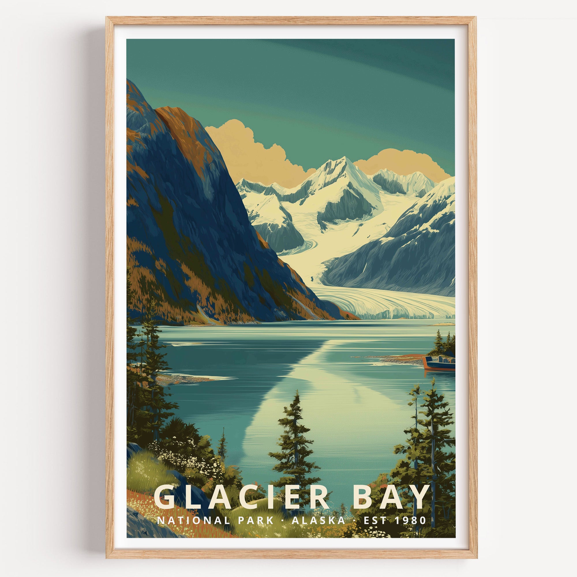 Glacier Bay National Park retro travel poster — a tidewater glacier meeting still water below snow-covered peaks, Alaska
