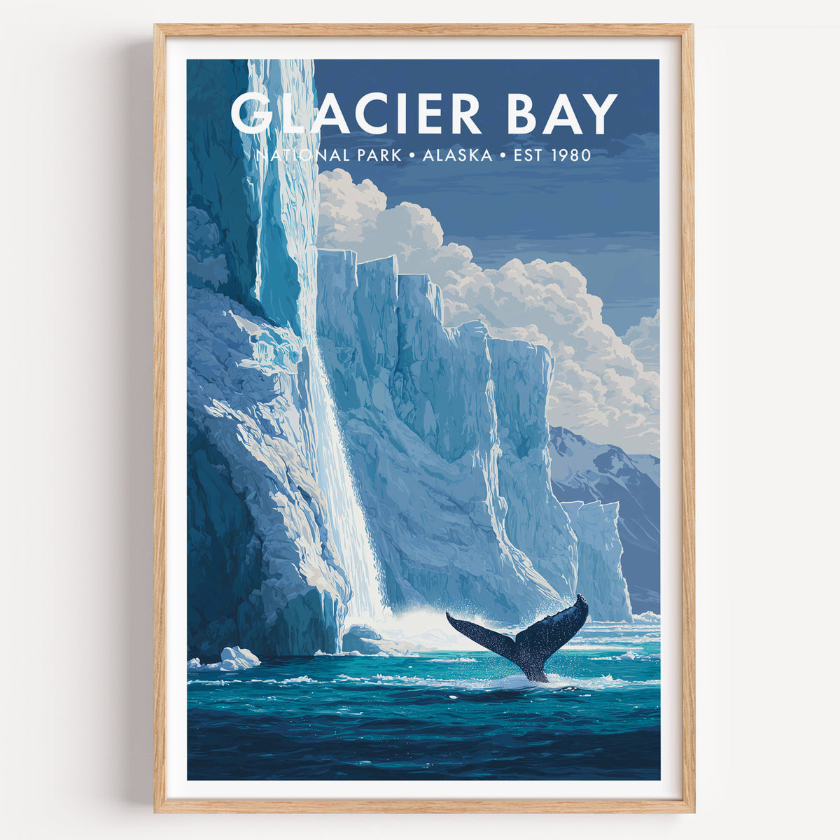 Glacier Bay National Park mid-century modern art print — the blue-white calving face of a tidewater glacier rising out of the sea
