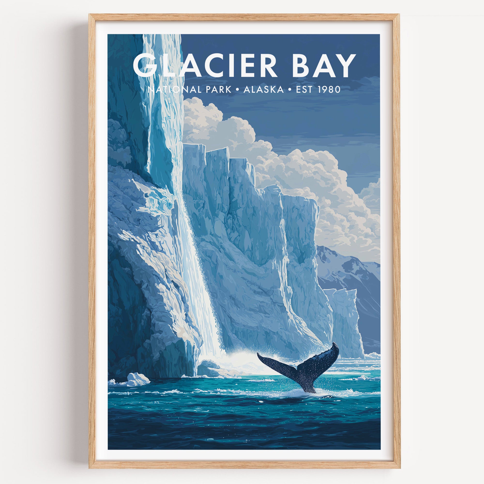 Glacier Bay National Park mid-century modern art print — the blue-white calving face of a tidewater glacier rising out of the sea