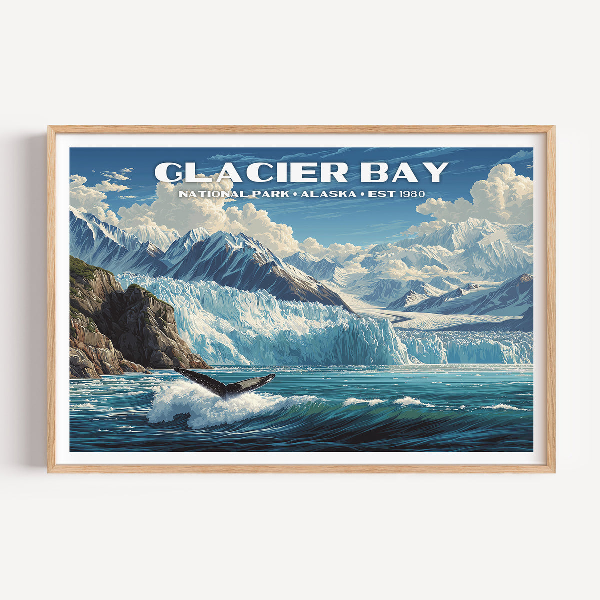 A humpback whale fluke in front of a blue tidewater glacier and snowy peaks — Glacier Bay National Park vintage WPA travel poster print
