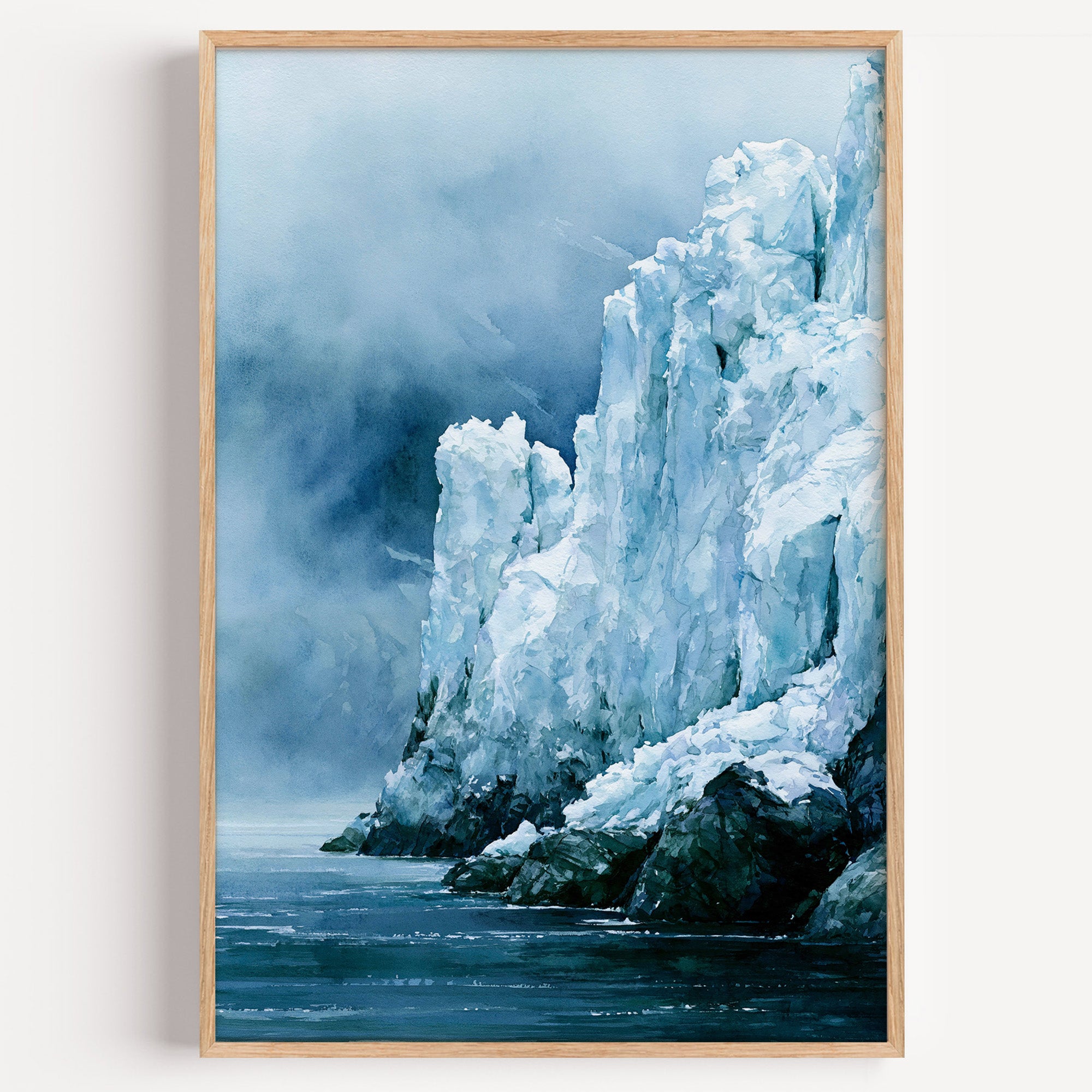 Glacier Bay National Park watercolor art print: blue tidewater glacier ice face rising out of cold fog and water