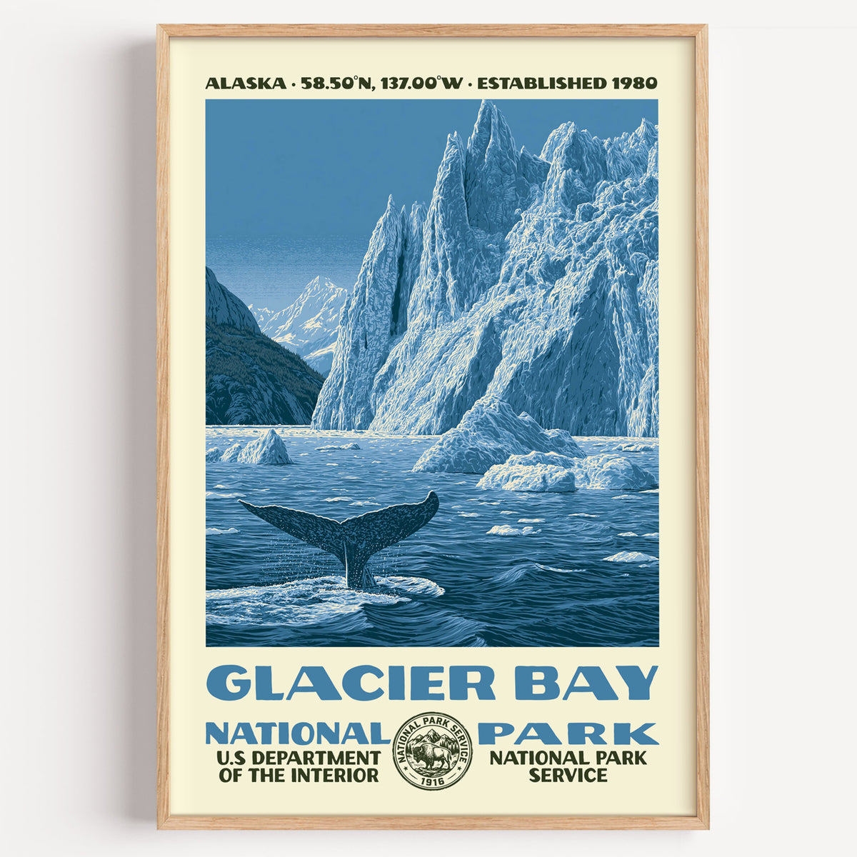 Glacier Bay National Park vintage WPA poster in a wood frame, a humpback fluke in front of a calving blue tidewater glacier