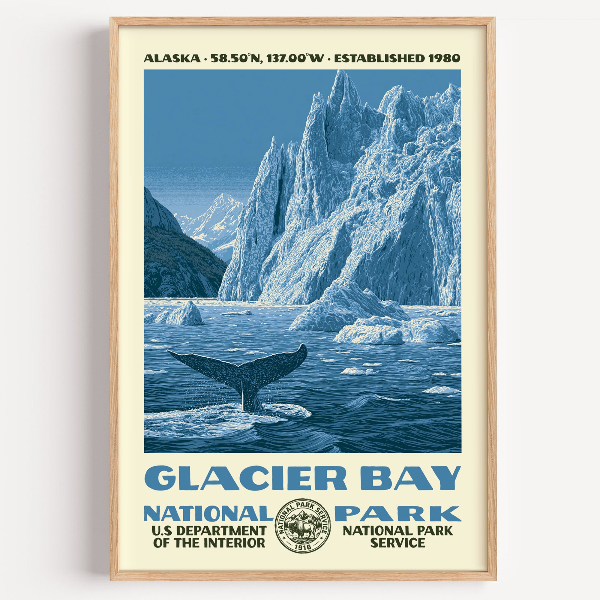 Glacier Bay National Park vintage WPA poster in a wood frame, a humpback fluke in front of a calving blue tidewater glacier