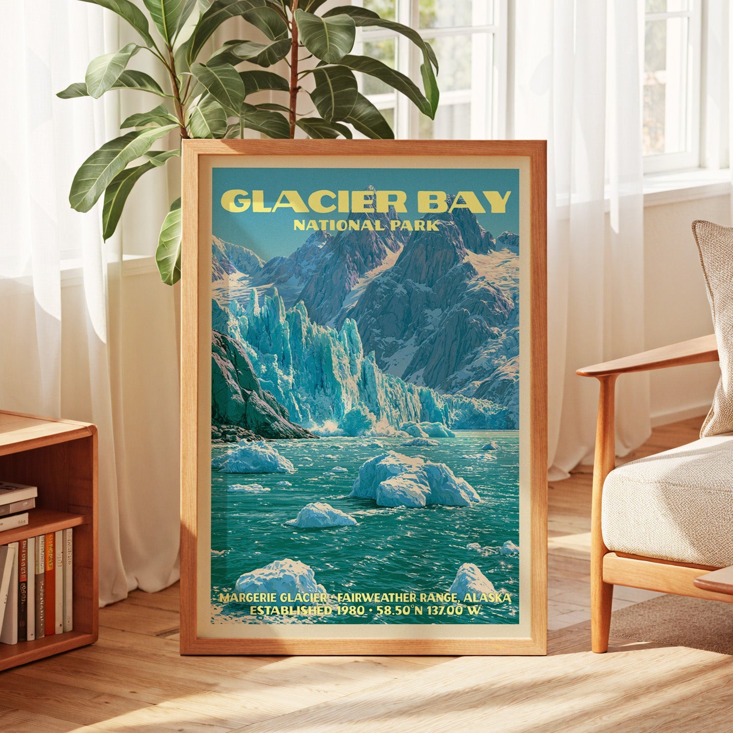 Glacier Bay vintage poster in oak, leaning by a sunlit window with sheer curtains and a low bookshelf