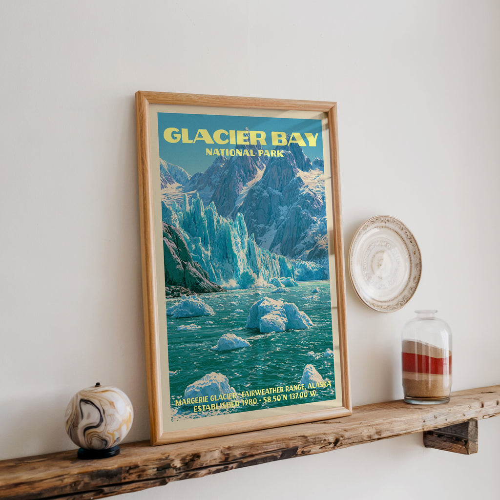 Glacier Bay Margerie Glacier print in oak, leaning on a reclaimed wood ledge with a stone sphere and sand jar