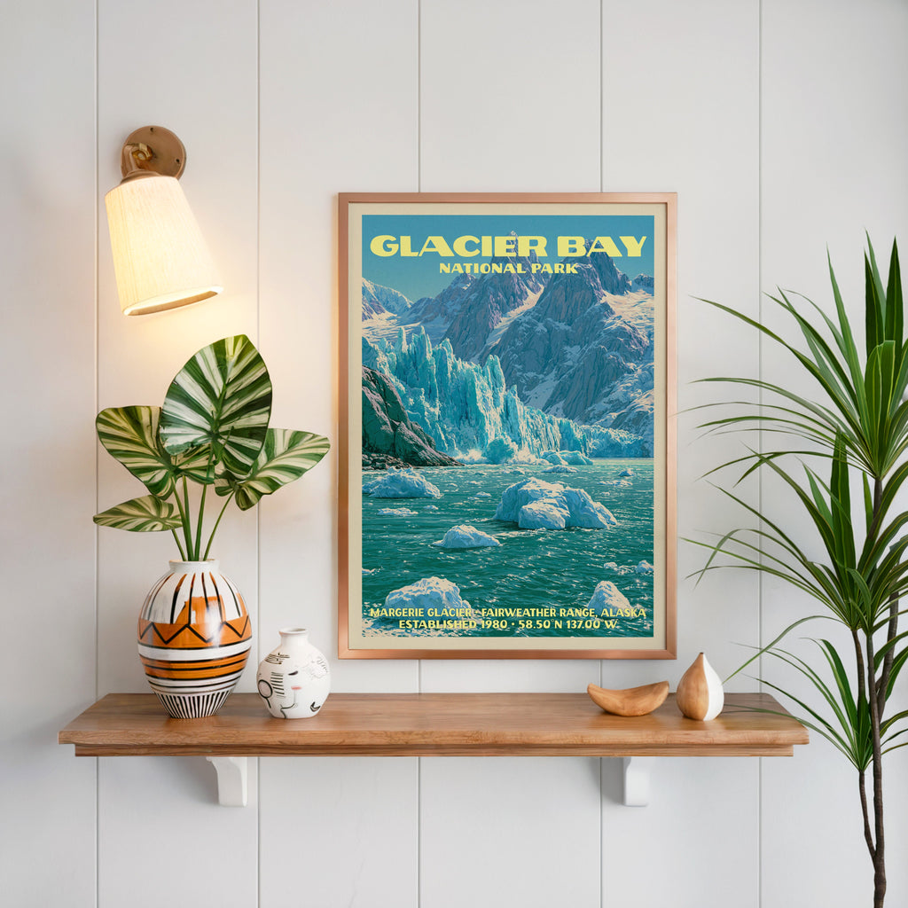 Margerie Glacier print framed on white panelling above an oak shelf with a patterned vase and brass sconce