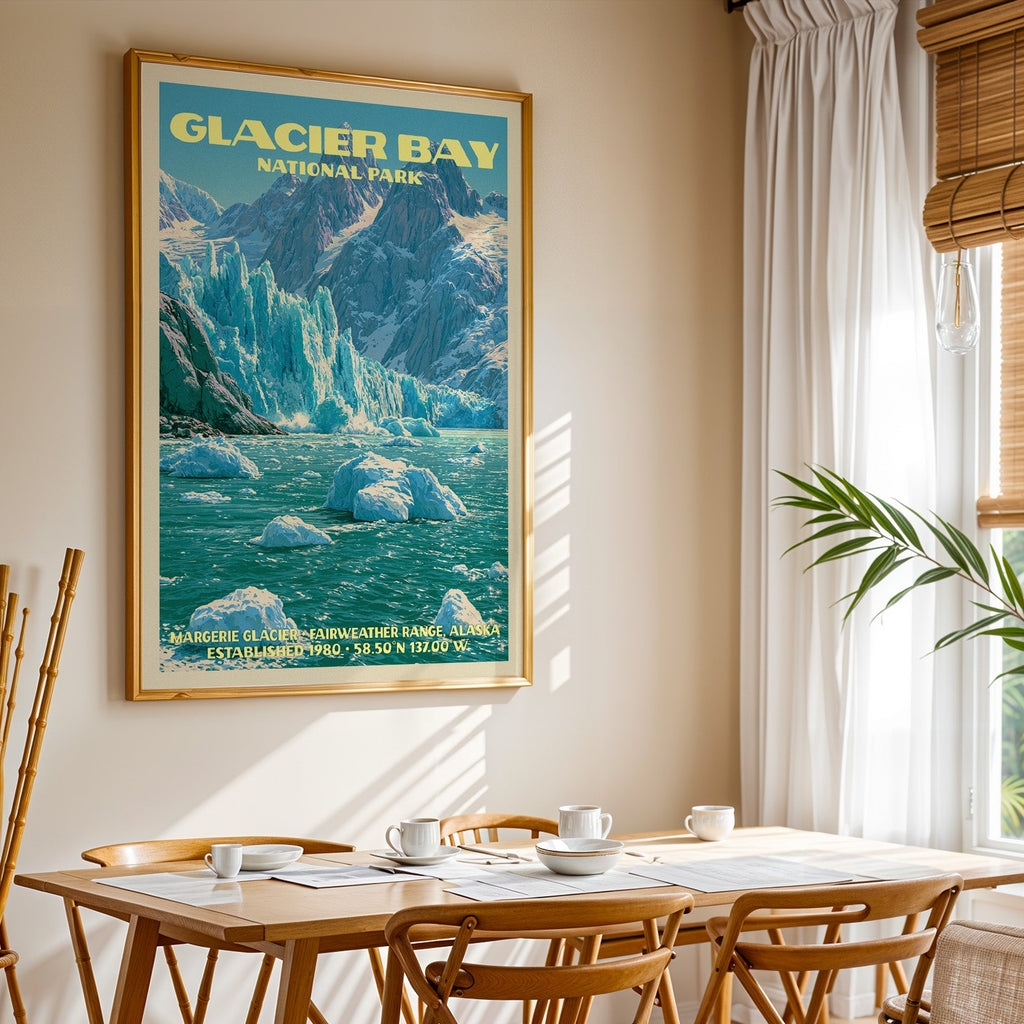 Glacier Bay National Park print in gold above a light oak dining table by a sheer-curtained window