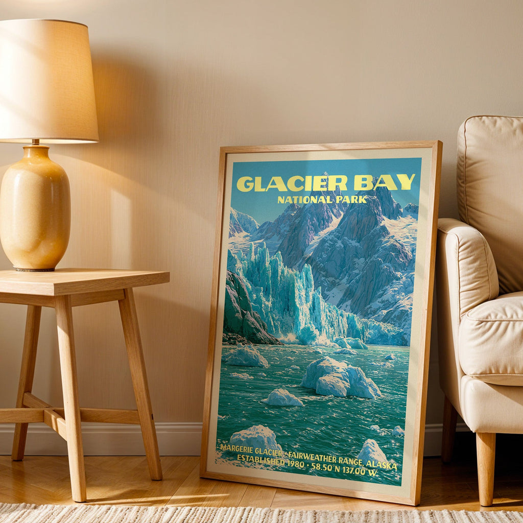 Margerie Glacier Glacier Bay wall art in oak, leaning by an armchair and a side table with an ochre lamp