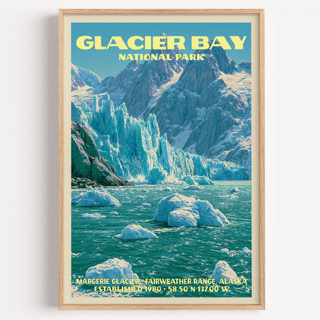Margerie Glacier Glacier Bay vintage poster in a light oak frame on a plain white wall