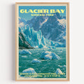 Margerie Glacier Glacier Bay vintage poster in a light oak frame on a plain white wall