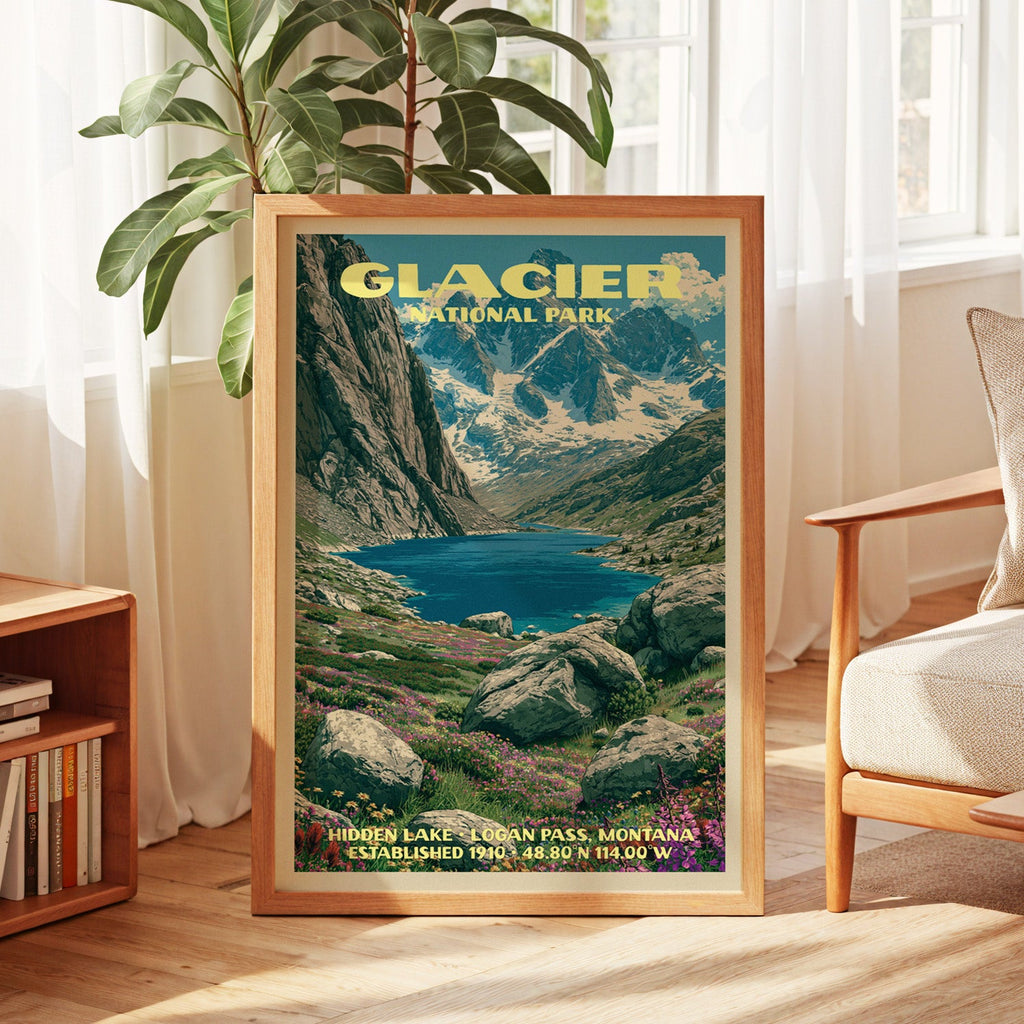 Glacier National Park vintage poster in oak, leaning by a sunlit window with sheer curtains and a bookshelf