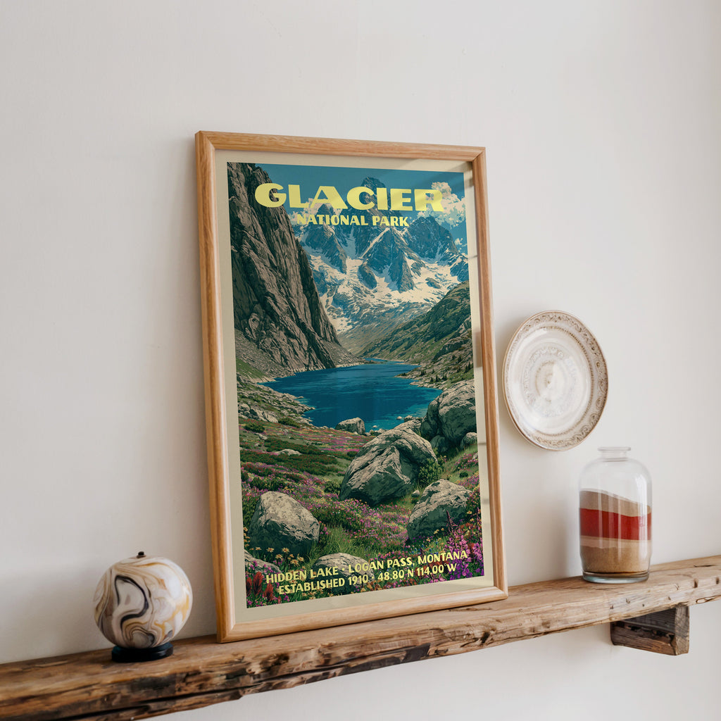 Glacier National Park Hidden Lake print in oak, leaning on a wood ledge with a stone sphere and sand jar