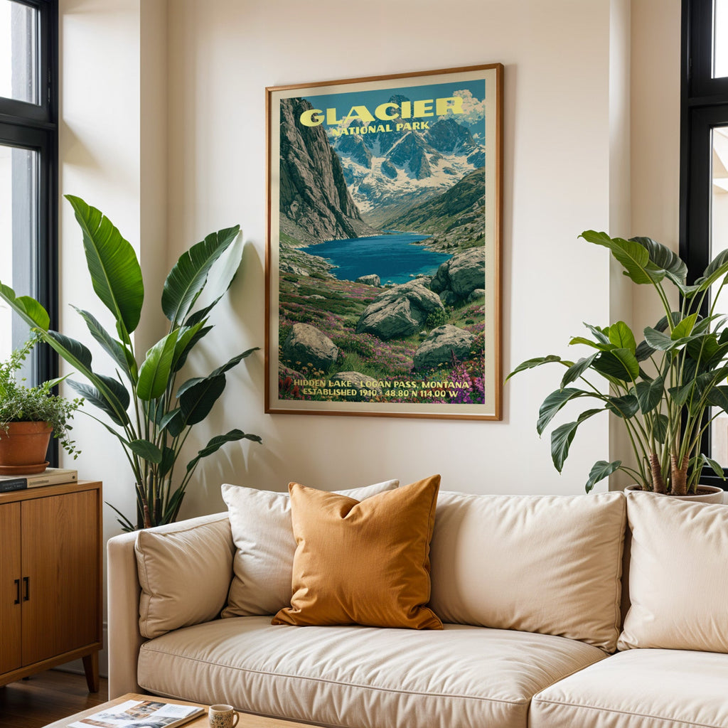 Glacier National Park vintage travel print in oak above a cream sofa with a rust cushion and tall plants
