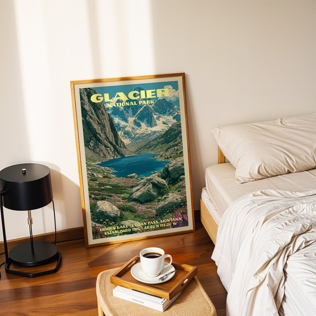 Hidden Lake poster in a gold frame on the floor beside a made bed and a black table lamp