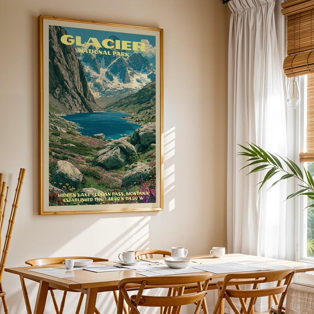 Glacier National Park print in gold above a light oak dining table by a sheer-curtained window