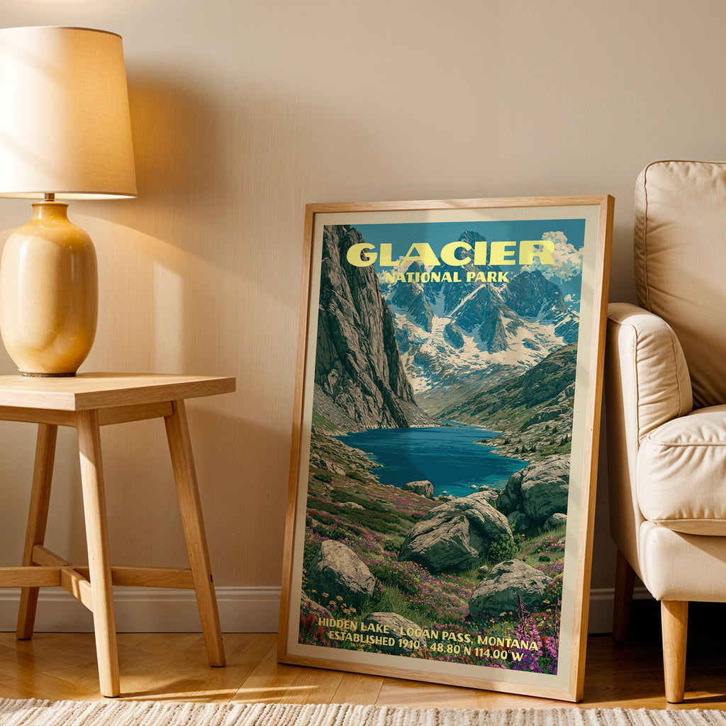 Hidden Lake Glacier wall art in oak, leaning by an armchair and a side table with an ochre ceramic lamp