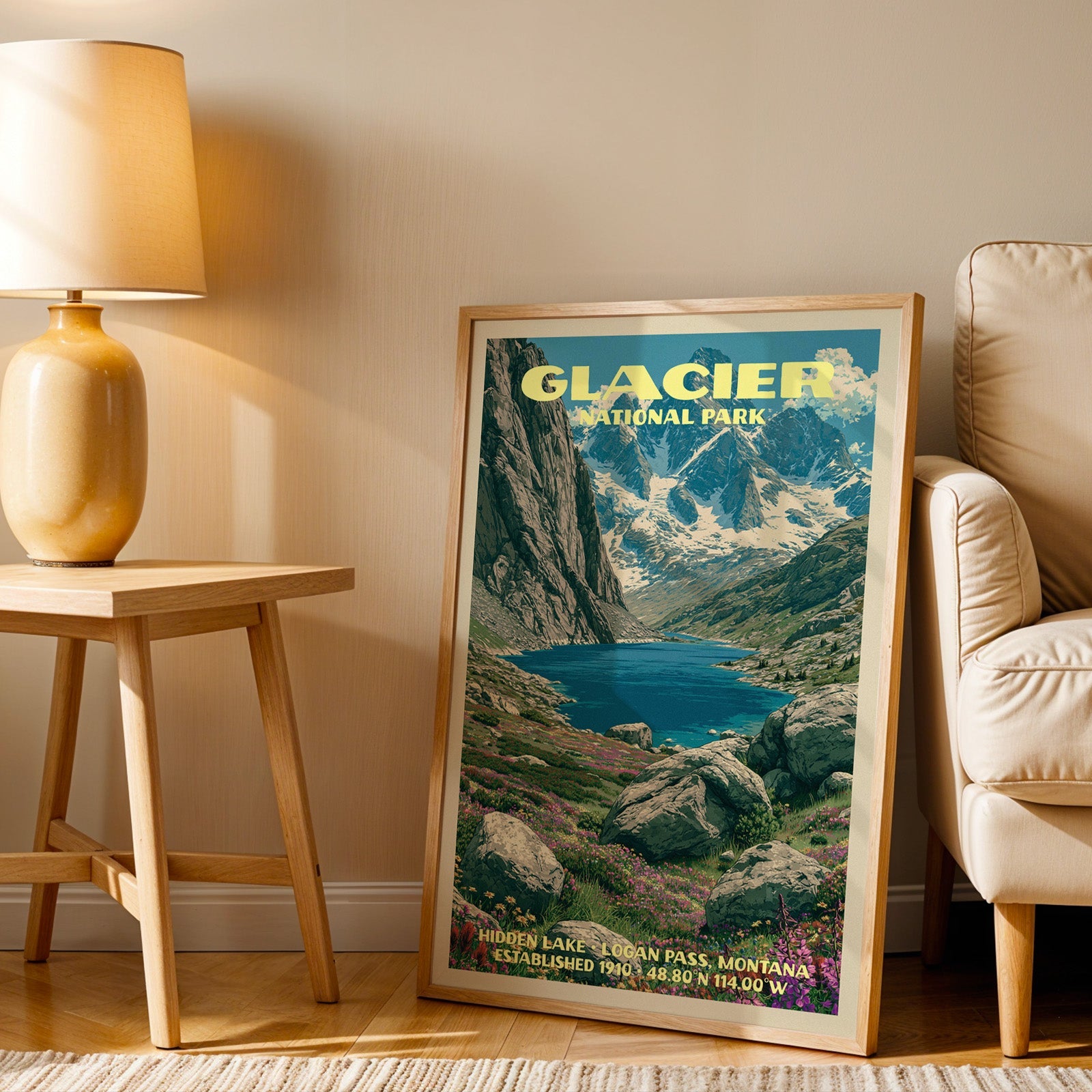 Hidden Lake Glacier wall art in oak, leaning by an armchair and a side table with an ochre ceramic lamp