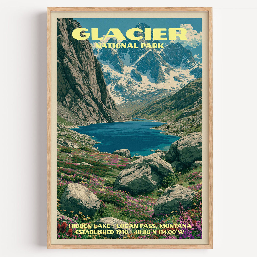 Hidden Lake Glacier National Park vintage poster in a light oak frame on a plain white wall