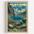 Hidden Lake Glacier National Park vintage poster in a light oak frame on a plain white wall