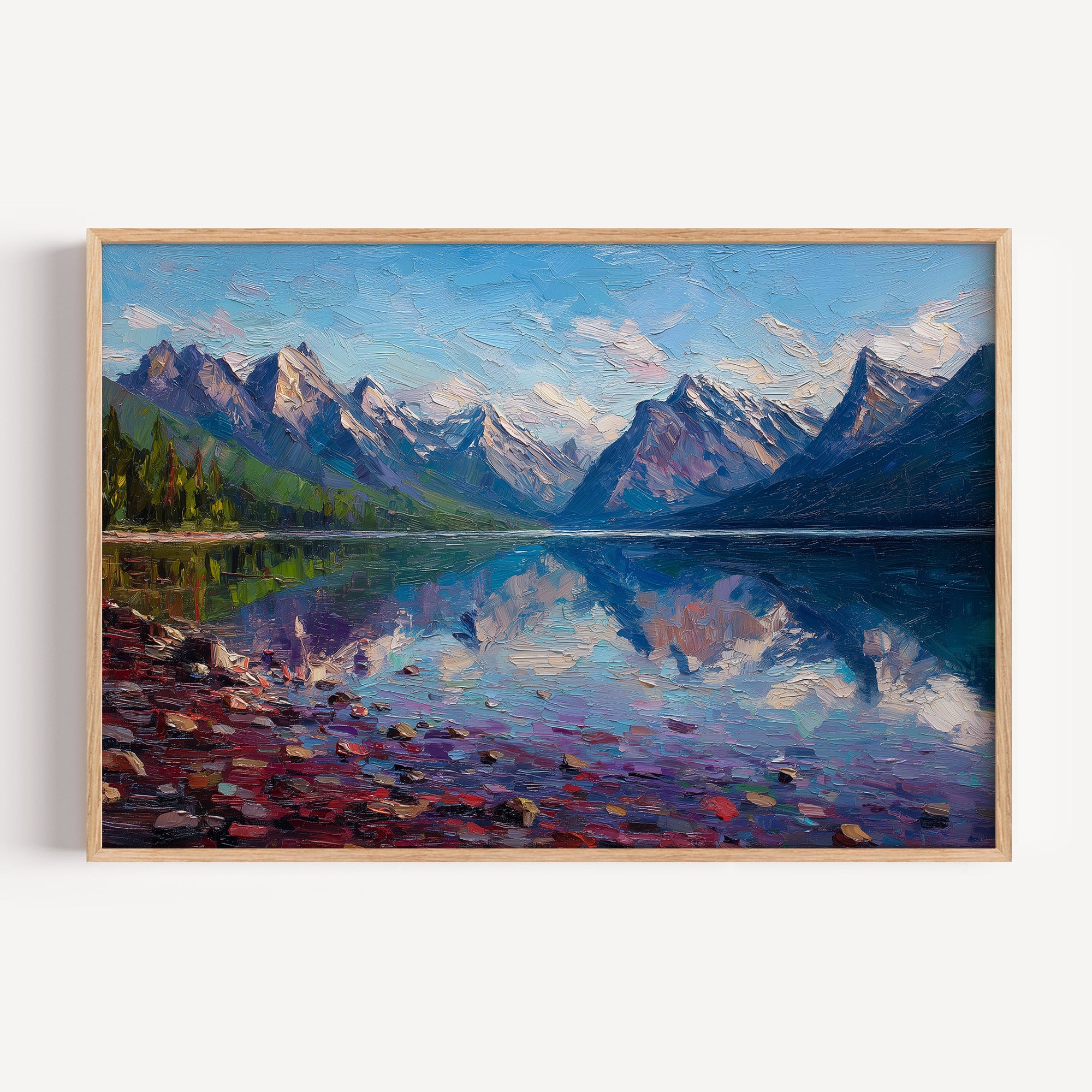 Glacier National Park oil painting print in a light oak frame: Lake McDonald pebbles and mirrored peaks