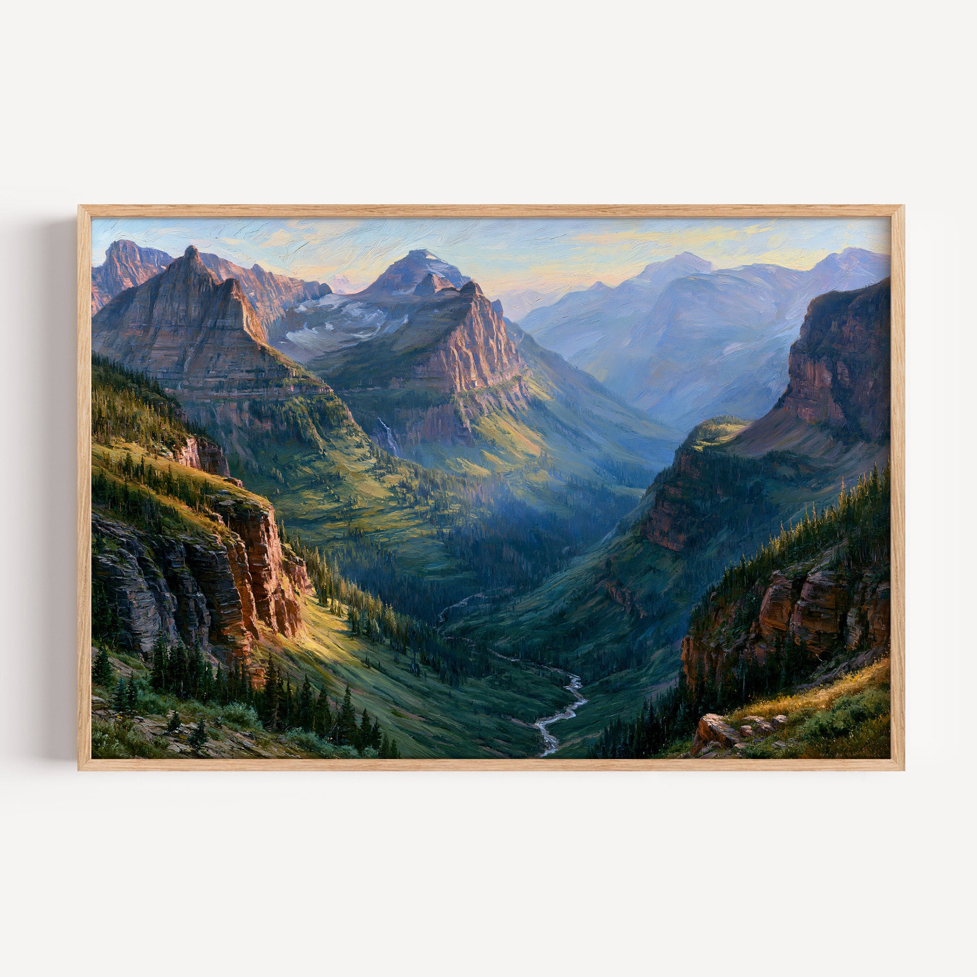 Glacier National Park classical oil painting print in an oak frame: a green valley below sunlit peaks