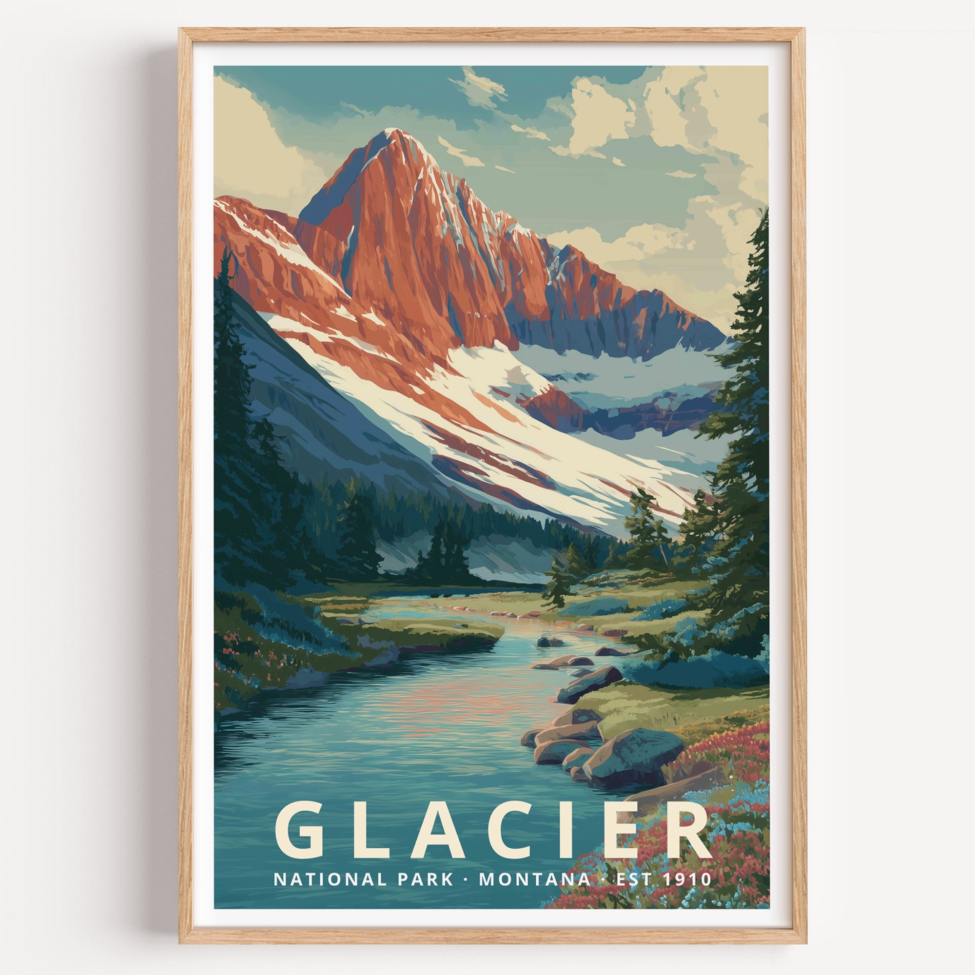 Glacier National Park retro travel poster — a red-lit peak above a wildflower meadow and clear alpine stream, Montana
