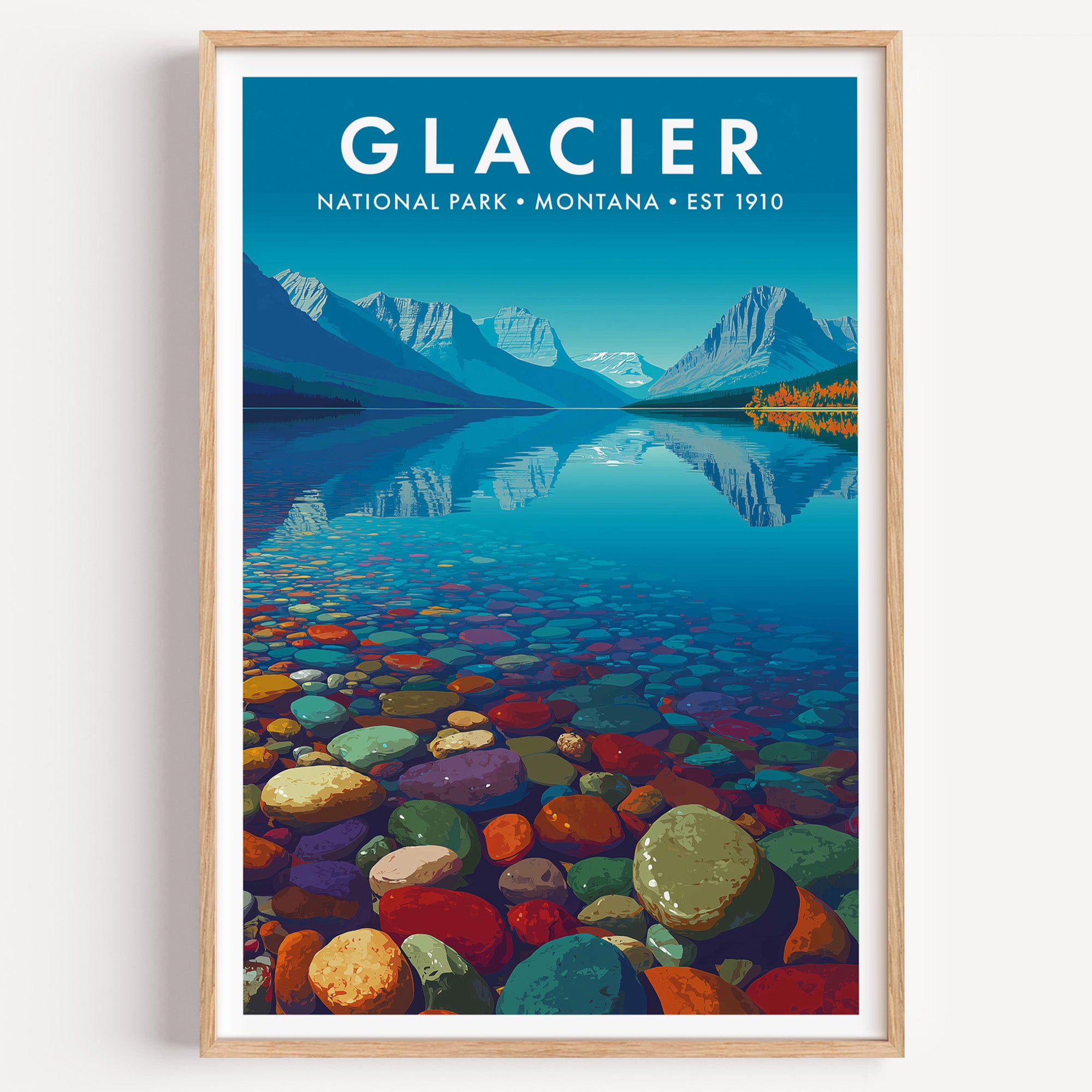 Glacier National Park mid-century modern art print — the coloured pebbles of Lake McDonald glowing through clear shallows