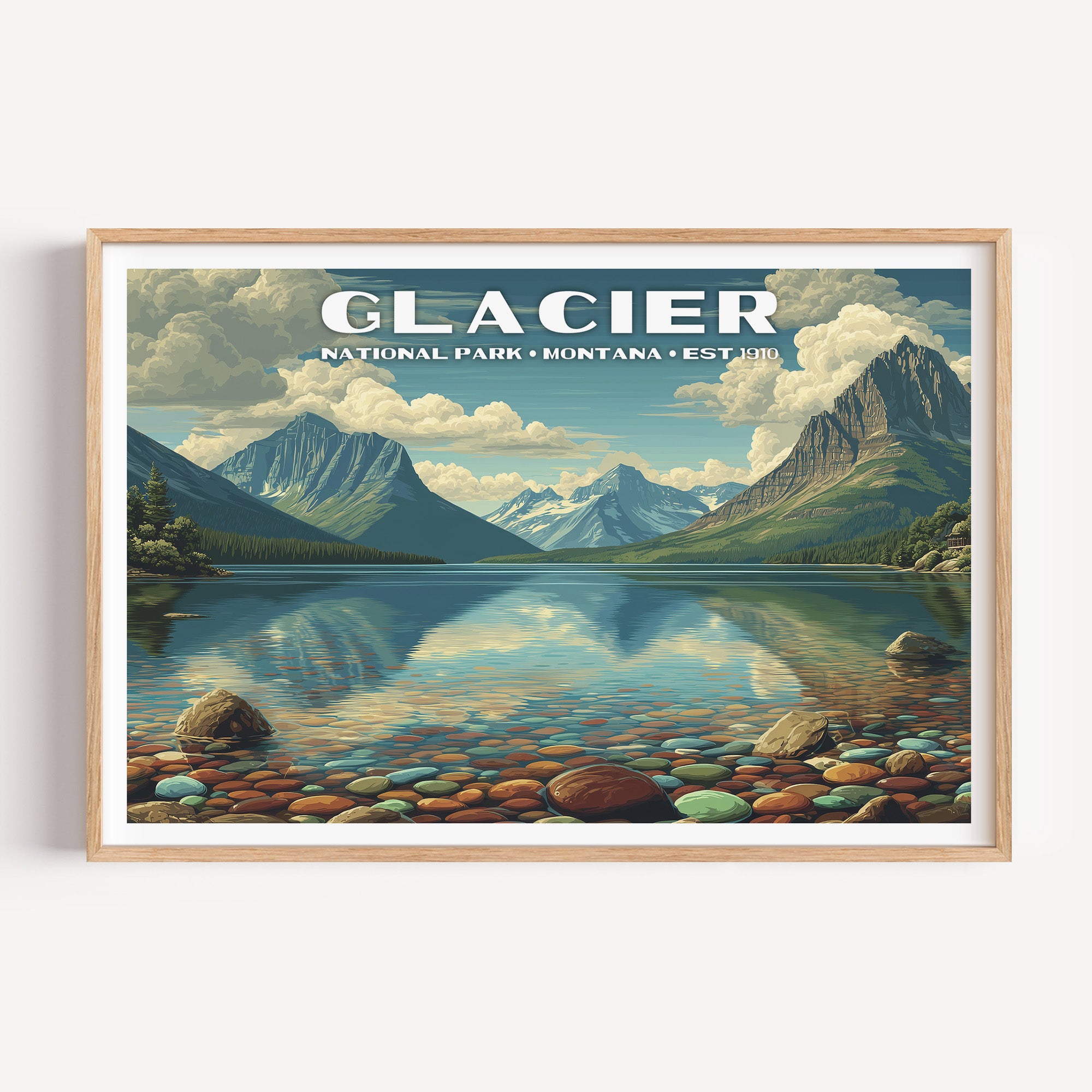 Coloured pebbles under the clear shallows of Lake McDonald with peaks reflected — Glacier National Park vintage WPA travel poster print